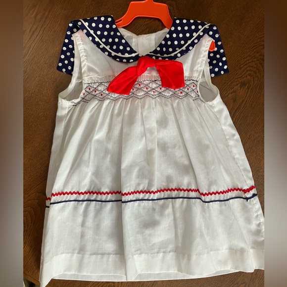 Polly Flinders hand smocked 3T sleeveless dress white w/blue-white dot, red trim - Picture 1 of 4